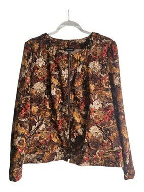 Notations Womens XL Jacket Brown Floral Vintage Look Front Zip Stretch Pockets